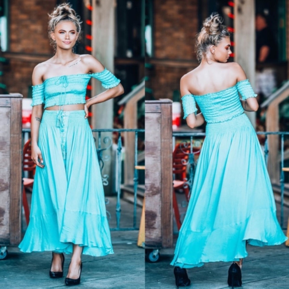 Boho Smocked Tassel Mint Crop Top Maxi Skirt Set - Picture 2 of 6